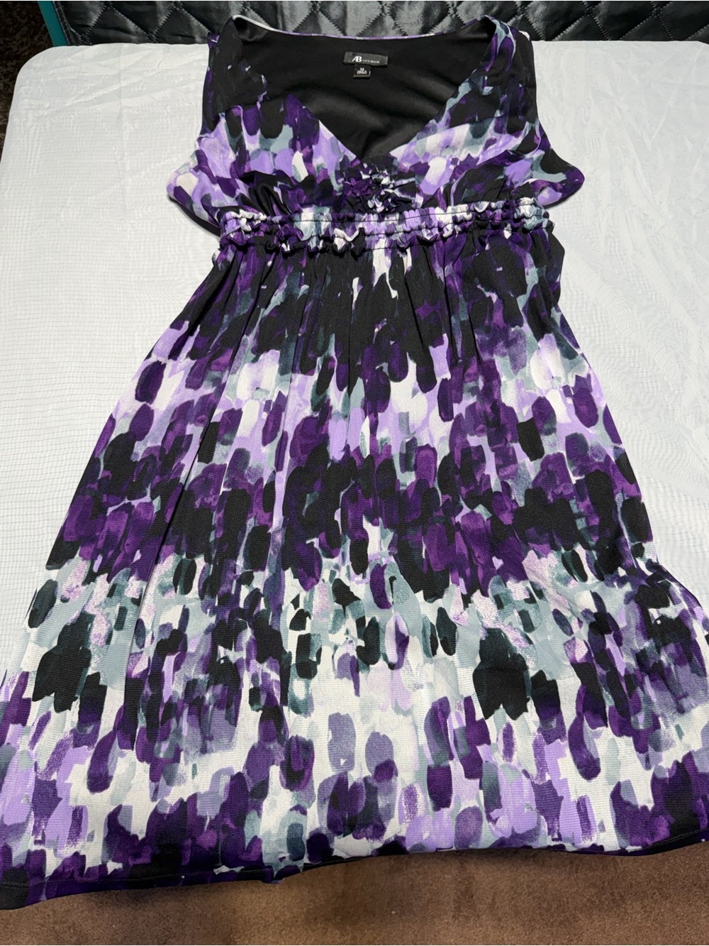 AB Studio Purple Black and White Floral Print Sleeveless Dress